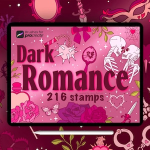 May include: A digital art product displayed on a tablet, featuring the text "Dark Romance" and "216 stamps." The design includes illustrations of skeletons, roses, hearts, and other gothic-themed elements in shades of pink and burgundy.