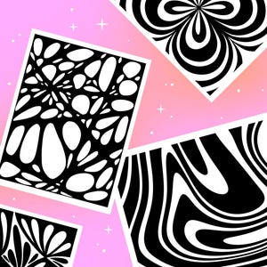 Four finished abstract black and white coloring pages, modern monochrome patterns, mindful coloring art, printable coloring book examples colored with black ink.