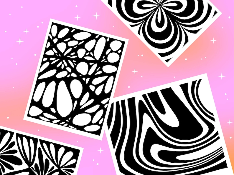Four finished abstract black and white coloring pages, modern monochrome patterns, mindful coloring art, printable coloring book examples colored with black ink.
