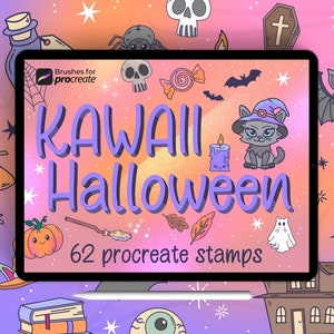 Más de 60 pinceles de sellos kawaii de Halloween de Procreate / lindos sellos de garabatos / paquete de pinceles kawaii espeluznantes / lindo gato brujo, calabaza, murciélago y fantasmas