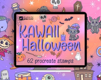 Más de 60 pinceles de sellos kawaii de Halloween para Procreate: sellos de garabatos espeluznantes, fantasmas, gatos, calabazas y murciélagos.