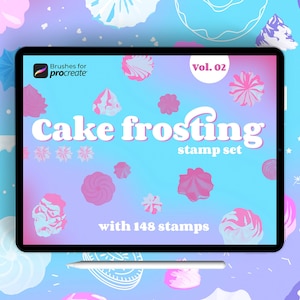 May include: A digital tablet shows a "Cake Frosting Stamp Set" with 148 stamps. The screen is set against a pastel blue and pink background with various cake frosting designs. A stylus rests below the tablet.