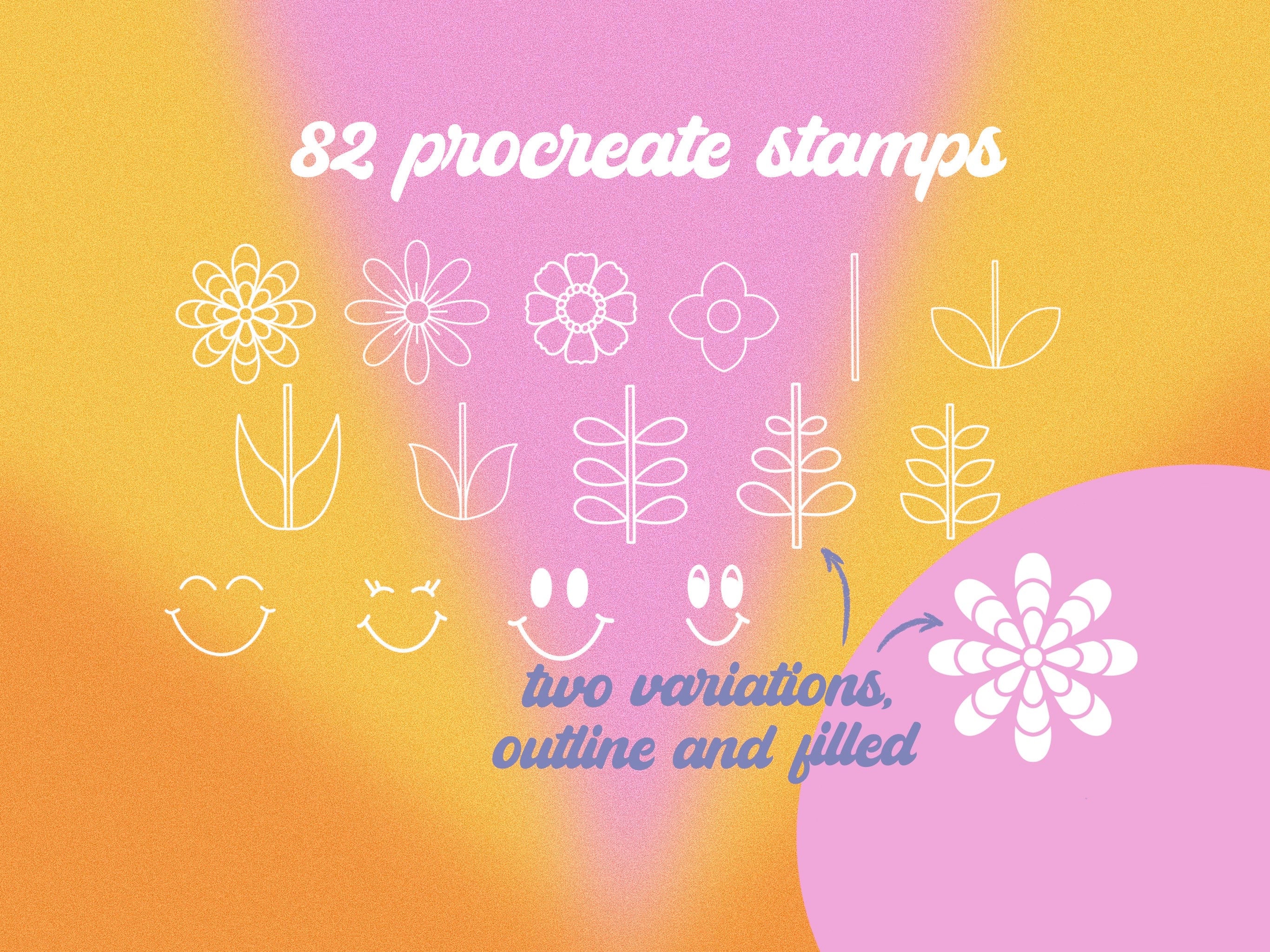 80+ Procreate Retro Flower Stamp Brushes: 60s 70s 80s 90s Floral Doodle ...