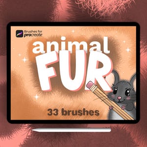 May include: A digital art illustration on a tablet screen. The image displays the words "animal FUR" in large white letters, with a cartoon mouse holding a pencil. The text "33 brushes" is also visible.