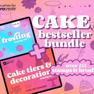 May include: A digital illustration of a cake decorating bundle for Procreate. The image features two tablets with a pink and blue gradient background. The tablets display a variety of cake frosting and cake tier stamps. The text on the tablets reads "Cake Frosting Stamp Set" and "Cake Tiers & Decoration Stamp Set". The image also includes a pink cloud with the text "over 255 stamps & brushes".