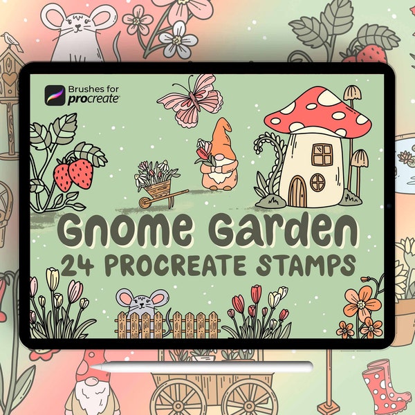 24 procreate gnome garden stamp brushes | tiny garden stamps | cute kawaii nature spring stamps | mushroom stamps | strawberry sweet doodles