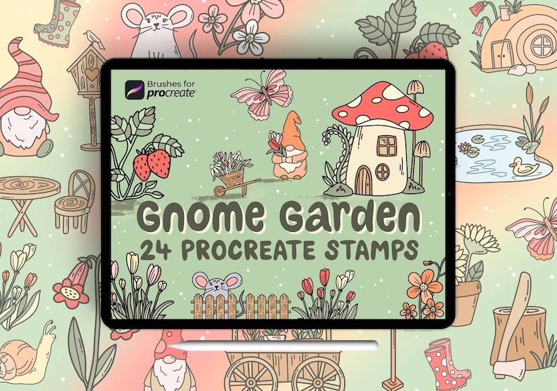 24 Procreate Gnome Garden Stamps: Kawaii Nature, Mushrooms, Spring and ...