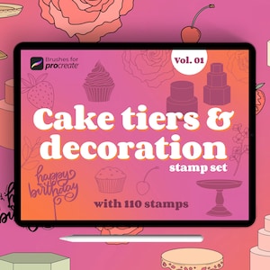 Cake tiers and decoration stamps for procreate. Brush set with 110 stamps. Illustrations of fruits, cake tiers, cake toppers and cupcakes on red and pink background.