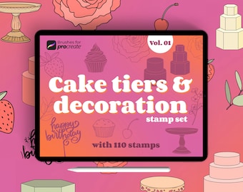 100+ Procreate cake decoration stamp brushes | cake tier stamps | cake stand brush pack, cake topper, flowers & leaves | cake drawing Vol.01