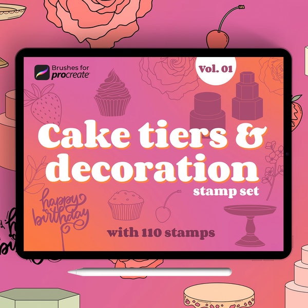 100+ Procreate cake decoration stamp brushes | cake tier stamps | cake stand brush pack, cake topper, flowers & leaves | cake drawing Vol.01