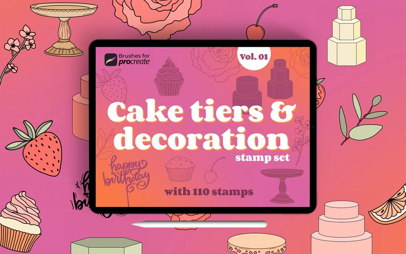 Cake tiers and decoration stamps for procreate. Brush set with 110 stamps. Illustrations of fruits, cake tiers, cake toppers and cupcakes on red and pink background.
