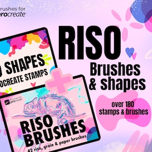 Pacote com mais de 180 pincéis Procreate Riso, pincéis de textura Risograph e carimbos de formas orgânicas, conjunto de pincéis de ilustração, papel, grãos, desenho de esboço
