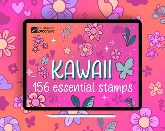 Procreate Kawaii Essential Stamps: 156 Blumen- und Sternenpinsel, Elemente und Schmetterlinge