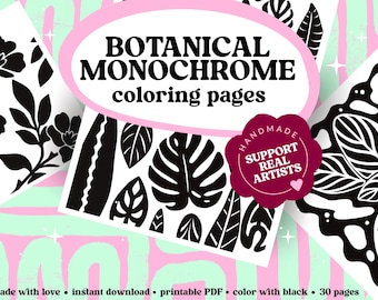 Botanical Monochrome Coloring Book Pages: 30 Printable One Color Designs, Plants & Flowers, Digital Download
