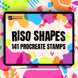 May include: A digital tablet screen displaying a colorful abstract design with the text "RISO SHAPES 141 PROCREATE STAMPS" in black. The text "Brushes for Procreate" is in white on a blue circle in the top left corner of the screen.