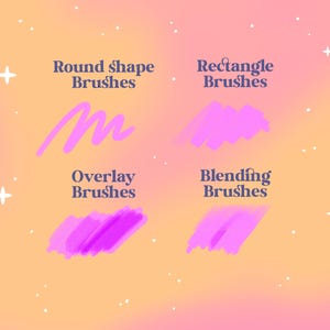 May include: A graphic illustration of different types of brushes for digital art. The image shows four brush strokes in pink, labeled "Round shape Brushes", "Rectangle Brushes", "Overlay Brushes", and "Blending Brushes".