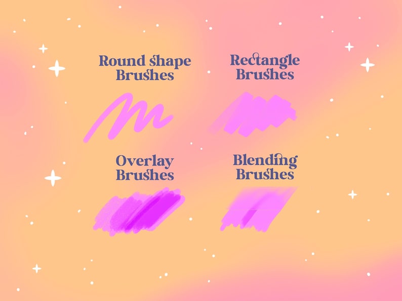 May include: A graphic illustration of different types of brushes for digital art. The image shows four brush strokes in pink, labeled "Round shape Brushes", "Rectangle Brushes", "Overlay Brushes", and "Blending Brushes".