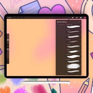 May include: A digital drawing app interface with a brush library showing a variety of brush strokes. The app is open on a tablet computer with a white stylus next to it.