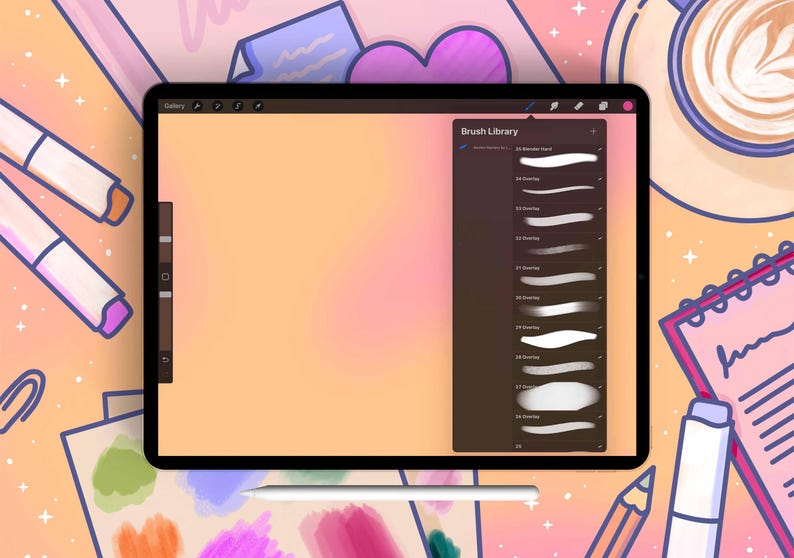 May include: A digital drawing app interface with a brush library showing a variety of brush strokes. The app is open on a tablet computer with a white stylus next to it.