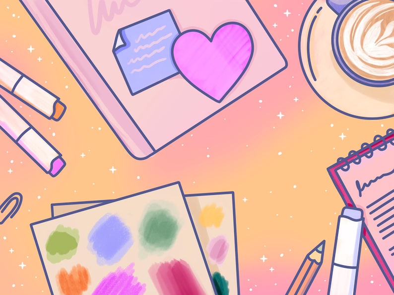 May include: A flat lay of art supplies on a pink and orange background. The supplies include a pink notebook with a heart sticker, a set of colored markers, a set of watercolor paints, a pencil, a white marker, and a notebook with a pink cover.