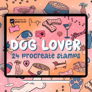 以下が含まれることがあります： 犬好きのための24個のProcreateスタンプをタブレット画面に表示したデジタルイラスト。スタンプには、足跡、骨、犬用フードボウル、パーティーハットをかぶった犬など、犬に関連するさまざまな画像が描かれています。タブレット画面には「DOG LOVER 24 PROCREATE STAMPS」というテキストが表示されています。