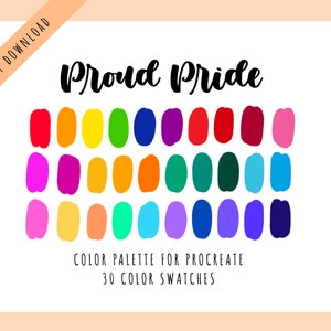 Può includere: Una tavolozza di colori digitale per Procreate con 30 campioni di colore. La tavolozza presenta un arcobaleno di colori, tra cui rosso, arancione, giallo, verde, blu, indaco e viola. Il testo "Proud Pride" è in cima all'immagine.