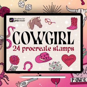 24 procreate cowgirl stamp brushes | boho western stamps | wild west, cowboy stamps | girly things | cactus, snake and horses