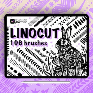 Más de 105 pinceles para linograbado de Procreate, pinceles delineadores y de textura, estilo linograbado, patrones sin costuras, pinceles de ilustración de detalles y de grano, xilografía.