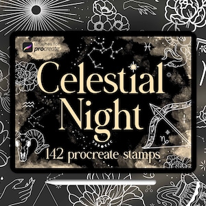 140+ Procreate celestial night stamps | moon, stars and zodiac brush stamps | witchcraft magic | radiant spark tattoo stencil | magical sun