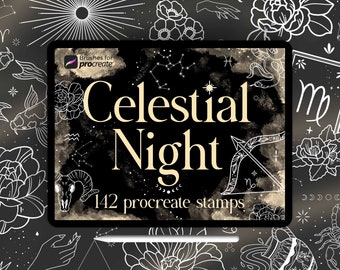 May include: A digital illustration of a tablet screen displaying a set of 142 Procreate stamps with a celestial theme. The text "Celestial Night" is displayed in a gold font on a black background with white stars and constellations. The tablet is surrounded by a black background with white outlines of celestial and floral designs.