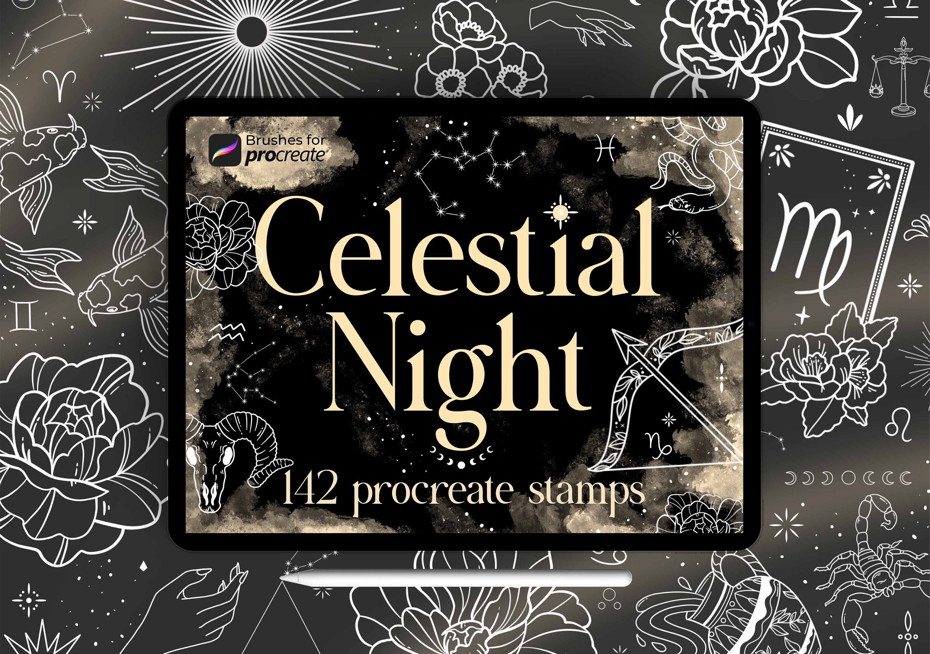 140+ Procreate Celestial Night Stamps – Moon, Stars, Zodiac & Witchcraft Magic Tattoo Stencils