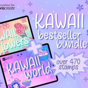 Op de afbeelding: Een digitale illustratie van twee iPad-schermen die een bundel van meer dan 470 kawaii-stempels voor de Procreate-app laten zien. De schermen tonen schattige bloemen, een cupcake en een ramen-kom met een glimlachend gezicht. De tekst "KAWAII flowers + KAWAII world" wordt op de schermen weergegeven. De tekst "KAWAII bestseller bundle over 470 stamps" wordt in een spreekballon weergegeven.