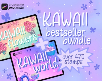 May include: A digital illustration of two iPad screens showcasing a bundle of over 470 kawaii stamps for the Procreate app. The screens feature cute flowers, a cupcake, and a ramen bowl with a smiling face. The text "KAWAII flowers + KAWAII world" is displayed on the screens. The text "KAWAII bestseller bundle over 470 stamps" is displayed in a speech bubble.
