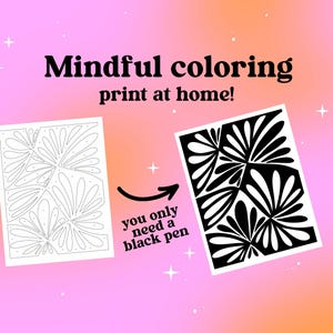 Mindful coloring printable page, print at home coloring pages, black pen coloring example showing uncolored and finished abstract design, easy monochrome coloring activity.