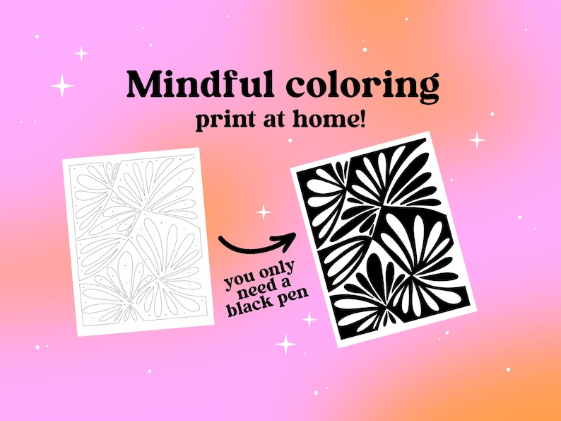 Mindful coloring printable page, print at home coloring pages, black pen coloring example showing uncolored and finished abstract design, easy monochrome coloring activity.