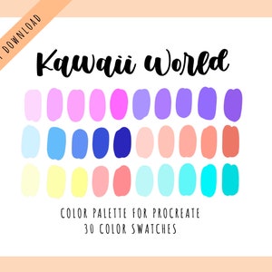 Próbki kolorów Procreate Kawaii World | Jasne pastelowe kolory | różowa paleta pastelowych kolorów | fioletowe i niebieskie próbki procreate | kolor tęczy