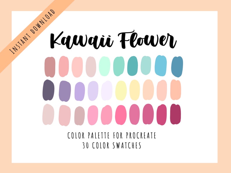 May include: A color palette for Procreate with 30 color swatches. The palette features a variety of pastel colors, including pink, purple, blue, green, and yellow. The title of the palette is "Kawaii Flower".