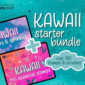 Op de afbeelding: Een digitale illustratie van twee tabletschermen die een set kawaii digitale stempels en kwasten voor de Procreate-app laten zien. De schermen zijn roze, blauw en wit met een verscheidenheid aan schattige illustraties, waaronder harten, bloemen en sterren. De tekst op de schermen luidt "Kawaii borders & sprinkles" en "Kawaii 156 essential stamps". De tekst op de achtergrond luidt "Kawaii starter bundle" en "meer dan 180 stempels en kwasten".