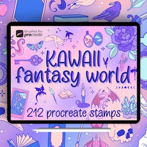 Más de 210 sellos de fantasía kawaii de Procreate, pinceles para sellos de dragón, garabatos adorables, creador de lugares de fantasía kawaii, pinceles para tatuajes góticos, Booktok, alas