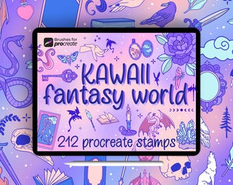 210+ Procreate kawaii fantasy stamp brushes: dragons gothic doodles & book art
