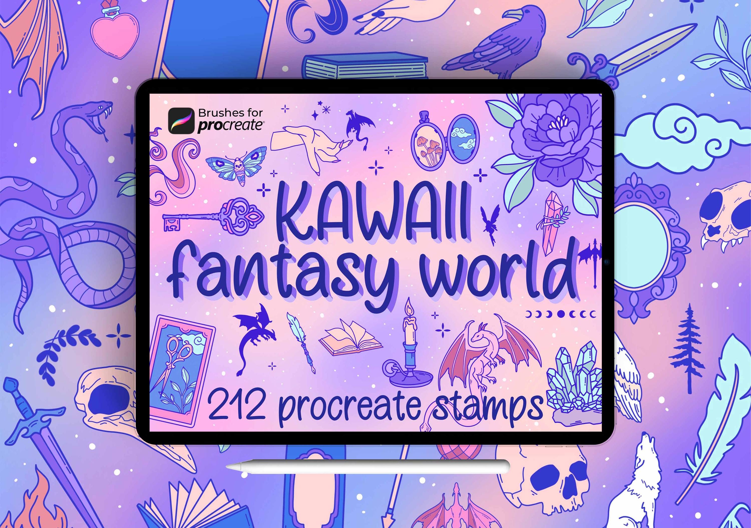 210+ sellos Procreate Kawaii Fantasy – Dragón, tatuaje gótico y set de pinceles doodle lindo