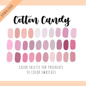 K&ouml;nnte beinhalten: Eine digitale Farbpalette f&uuml;r Procreate mit 30 Farbfeldern in Rosa-, Lila- und Wei&szlig;t&ouml;nen. Die Palette tr&auml;gt den Titel "Cotton Candy".