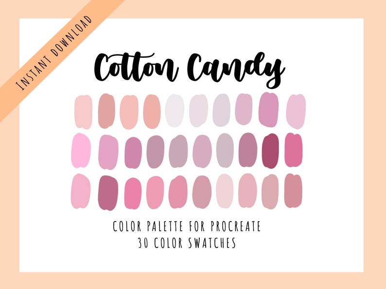 K&ouml;nnte beinhalten: Eine digitale Farbpalette f&uuml;r Procreate mit 30 Farbfeldern in Rosa-, Lila- und Wei&szlig;t&ouml;nen. Die Palette tr&auml;gt den Titel "Cotton Candy".