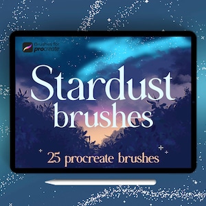 May include: A digital illustration of a night sky with a blue and purple nebula. The text "Stardust brushes" is displayed in a white font. Below the text is the phrase "25 procreate brushes".