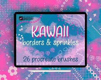 May include: A digital illustration of a tablet screen displaying a set of 26 Procreate brushes for creating kawaii borders and sprinkles. The text "KAWAII borders & sprinkles" is displayed in pink and white on a blue background. The text "26 Procreate brushes" is displayed in white on a pink background.