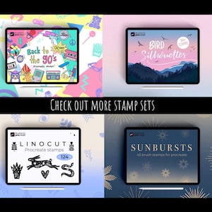 May include: Four digital illustrations of Procreate stamp sets displayed on a tablet screen. The stamp sets are titled "Back to the 90's", "Bird Silhouettes", "Linocut", and "Sunbursts".