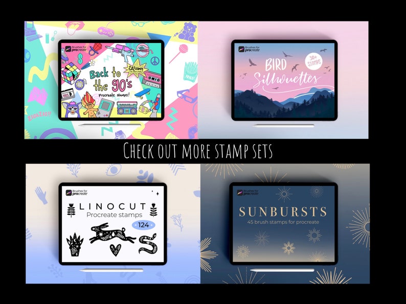 May include: Four digital illustrations of Procreate stamp sets displayed on a tablet screen. The stamp sets are titled "Back to the 90's", "Bird Silhouettes", "Linocut", and "Sunbursts".
