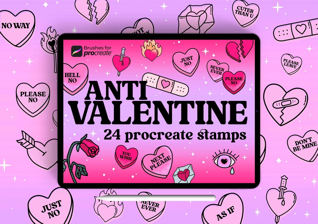 24 Procreate Anti Valentine Stamps: Kawaii Candy Heart Doodle Brushes ...