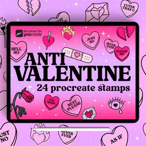 May include: A digital illustration of 24 anti-valentine's day themed stamps for the Procreate app. The stamps feature pink hearts with various messages like "Just No", "Next Please", and "Don't Be Mine".