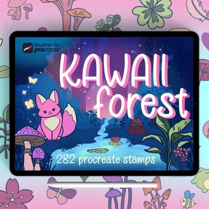 Más de 280 pinceles para sellos de bosque kawaii de Procreate / sellos de garabatos lindos de bosque mágico / paquete de pinceles para creadores de Kawaii / paquete de pinceles para diseño de calcomanías